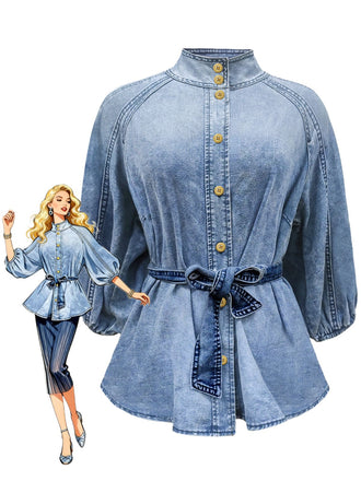 Blaue 60er Jeans-Bluse mit Puffärmel
