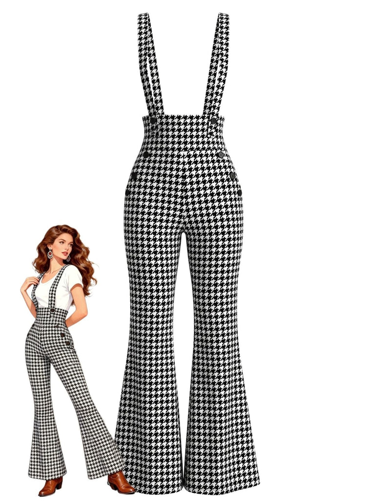 Schwarz-weißer 60er Overall-Jumpsuit mit Hahnentritt und Schlagbein