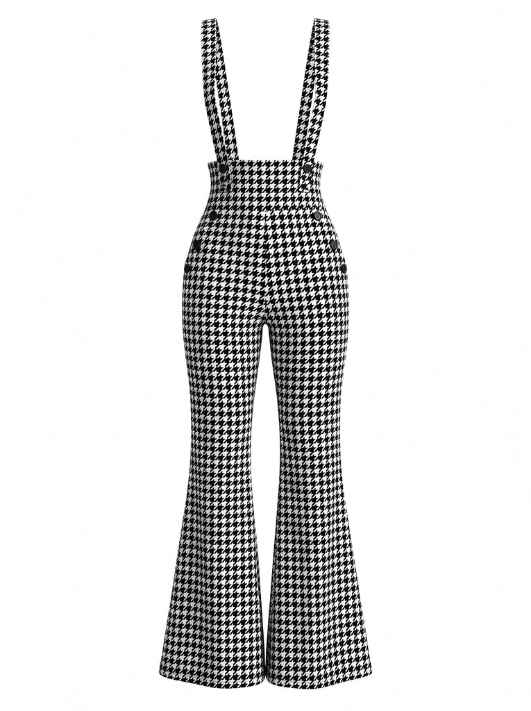 Schwarz-weißer 60er Overall-Jumpsuit mit Hahnentritt und Schlagbein