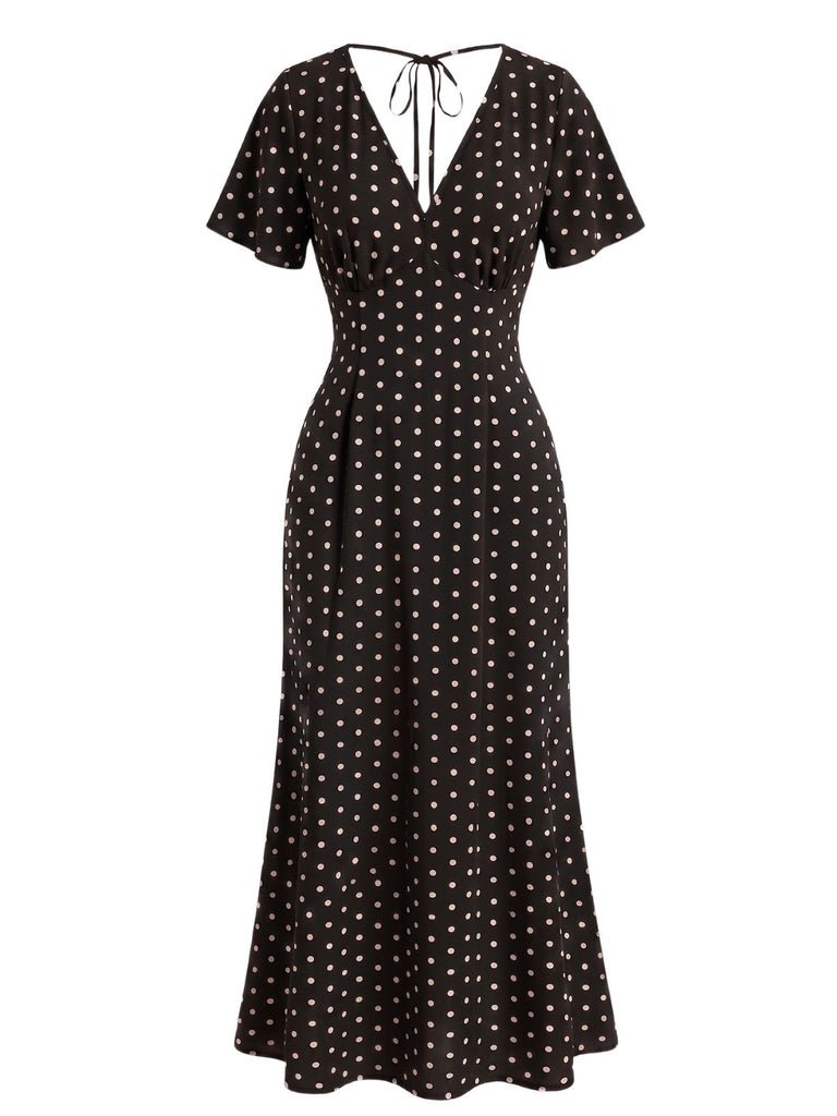 30er Meerjungfrauenkleid mit Flatterärmel und Polka-Dots