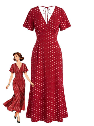 30er Meerjungfrauenkleid mit Flatterärmel und Polka-Dots