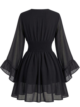 Schwarzes 30er Chiffon-Minikleid mit V-Ausschnitt und Smok