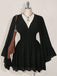 Schwarzes 30er Chiffon-Minikleid mit V-Ausschnitt und Smok