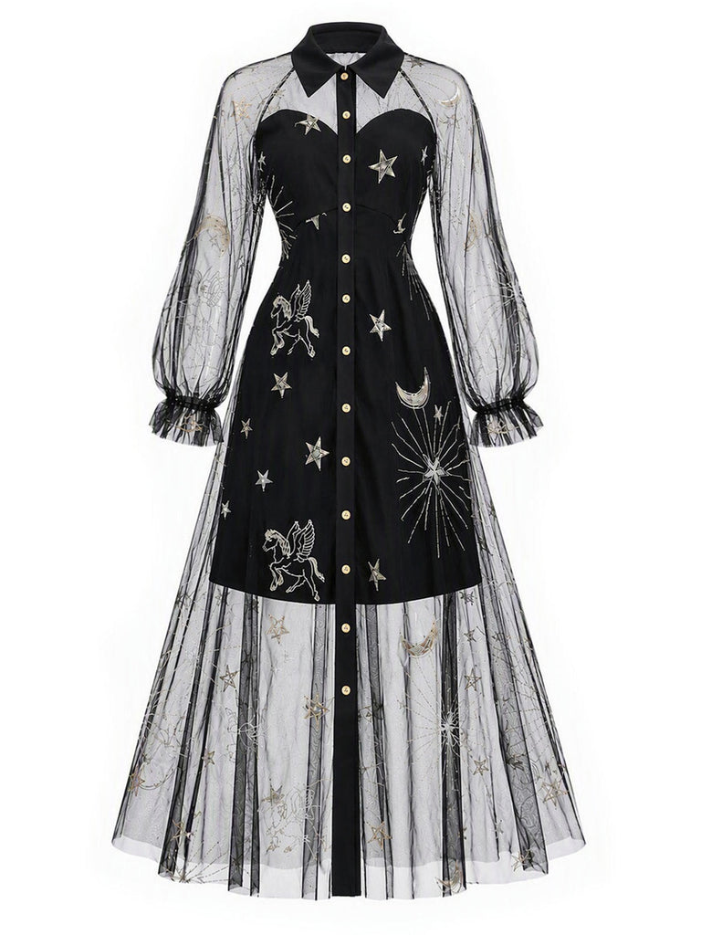 Schwarzes 80er Netzkleid mit Sternen-Print
