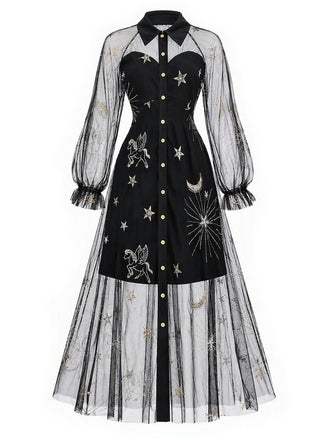 Schwarzes 80er Netzkleid mit Sternen-Print