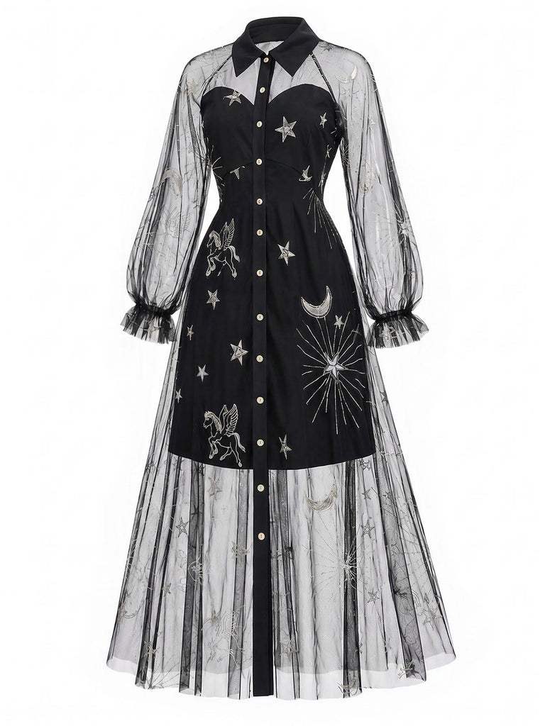 Schwarzes 80er Netzkleid mit Sternen-Print