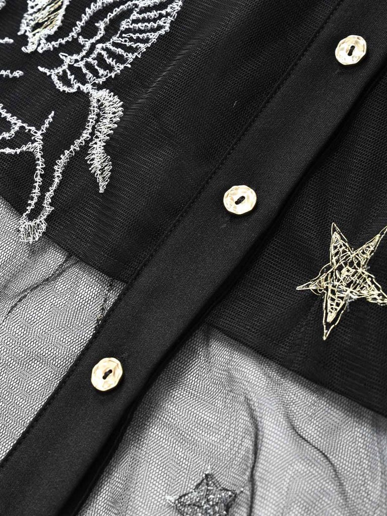 Schwarzes 80er Netzkleid mit Sternen-Print