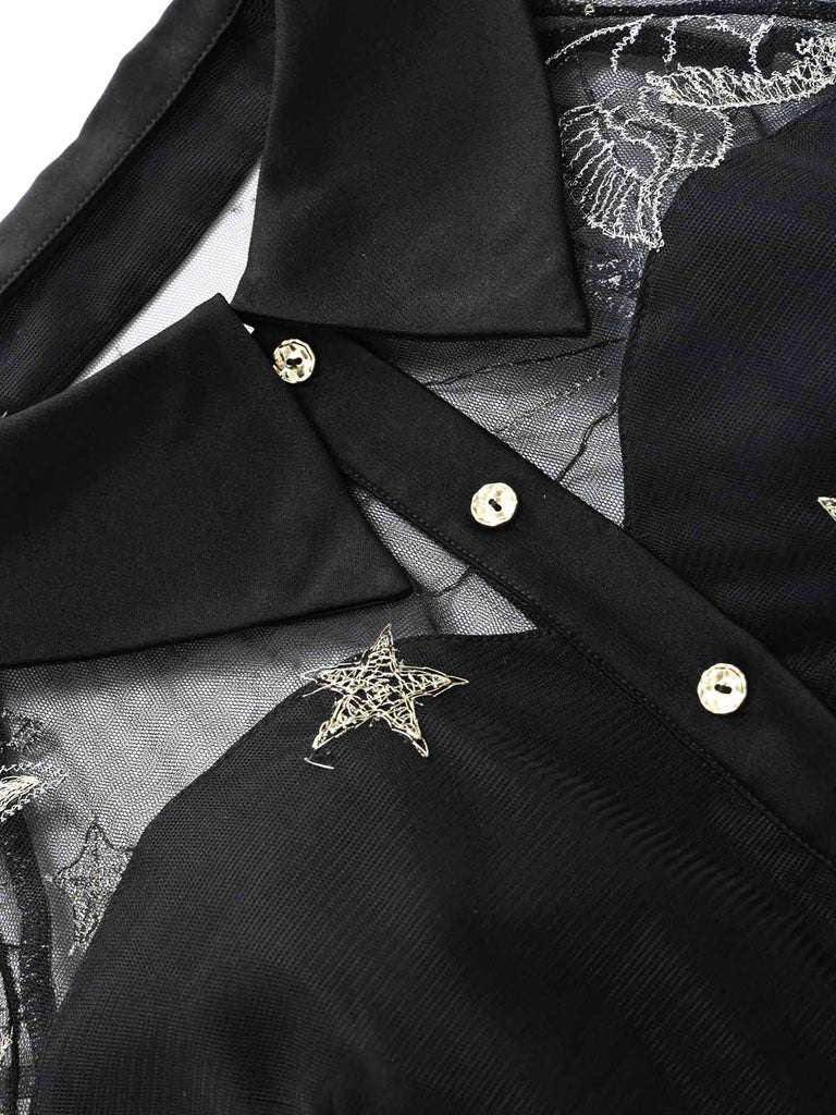Schwarzes 80er Netzkleid mit Sternen-Print