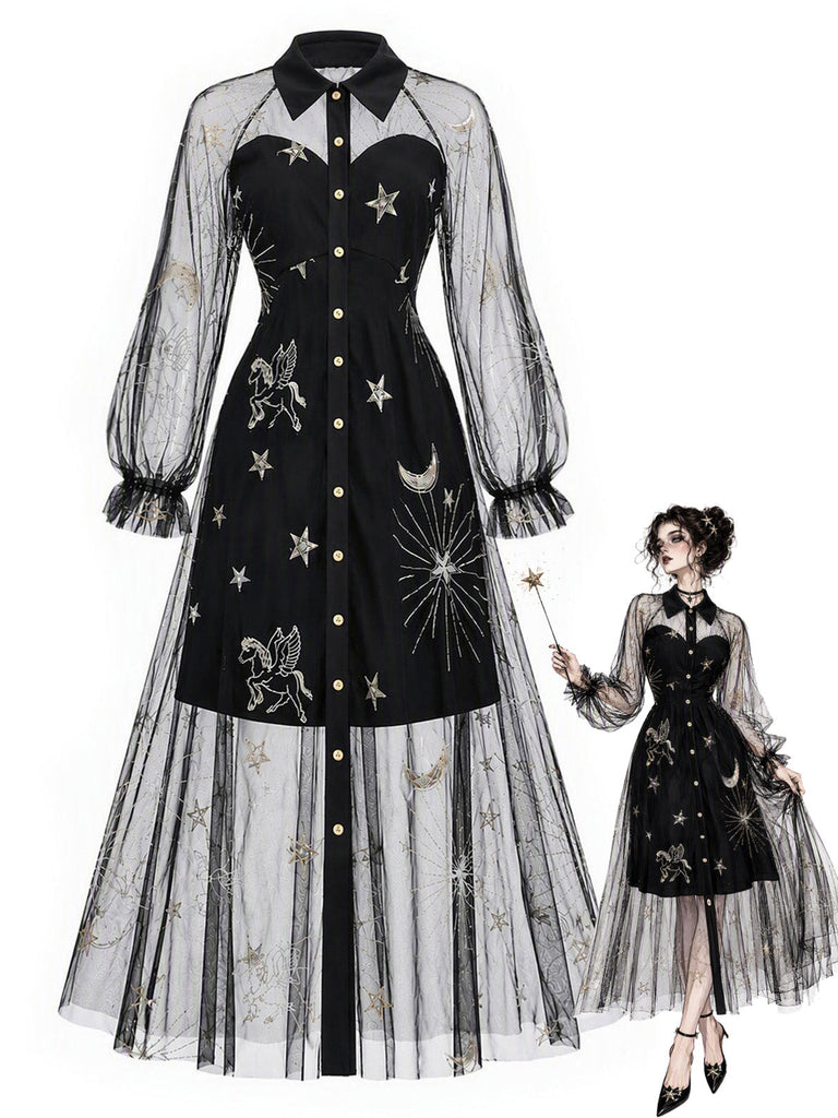 Schwarzes 80er Netzkleid mit Sternen-Print