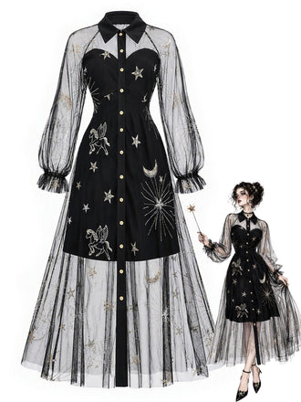 Schwarzes 80er Netzkleid mit Sternen-Print