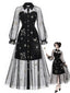 [Vorverkauf] Schwarzes 80er Meshkleid mit Gold-Astro-Print und Revers