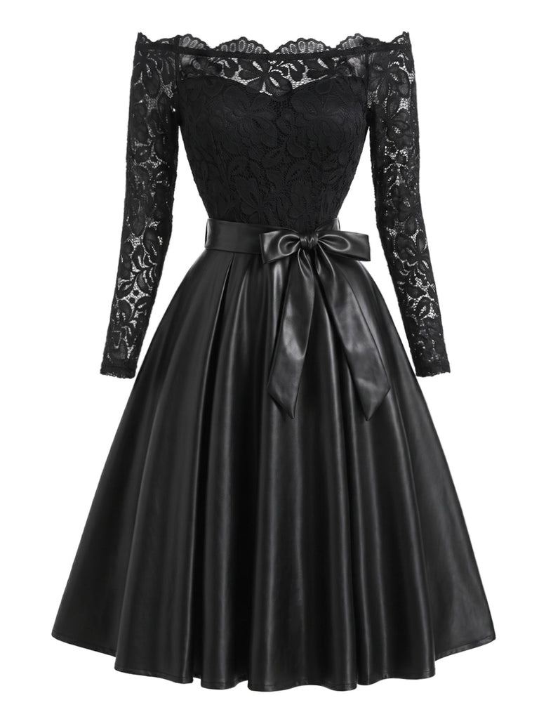 50er schulterfreies Kleid mit Spitze und Schleifengürtel
