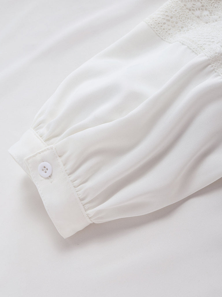 Weiße 70er Bluse mit Ballonärmel und Spitze