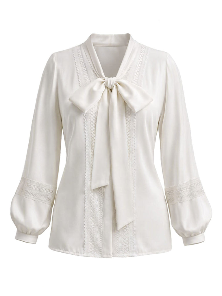 Weiße 70er Bluse mit Ballonärmel und Spitze