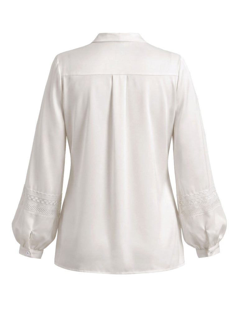 Weiße 70er Bluse mit Ballonärmel und Spitze