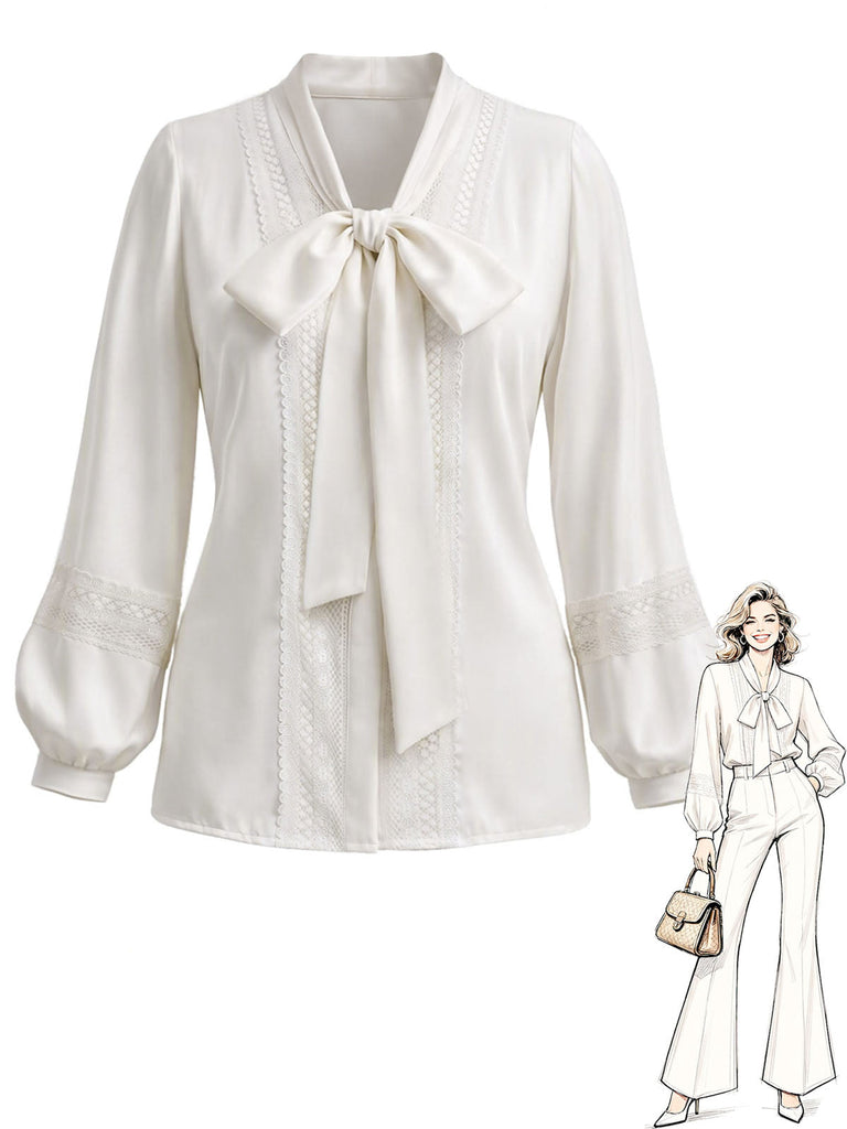 Weiße 70er Bluse mit Ballonärmel und Spitze