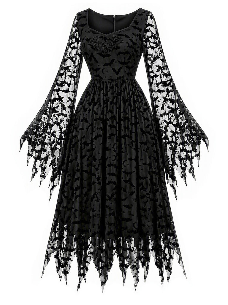 [Vorverkauf] 70er Gothic-Meshkleid mit Flügelärmeln und Mond-Fledermaus-Print