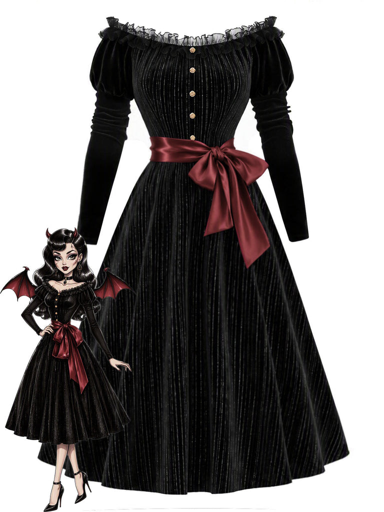 Schwarzes 50er schulterfreies Kleid mit Samt und Spitze