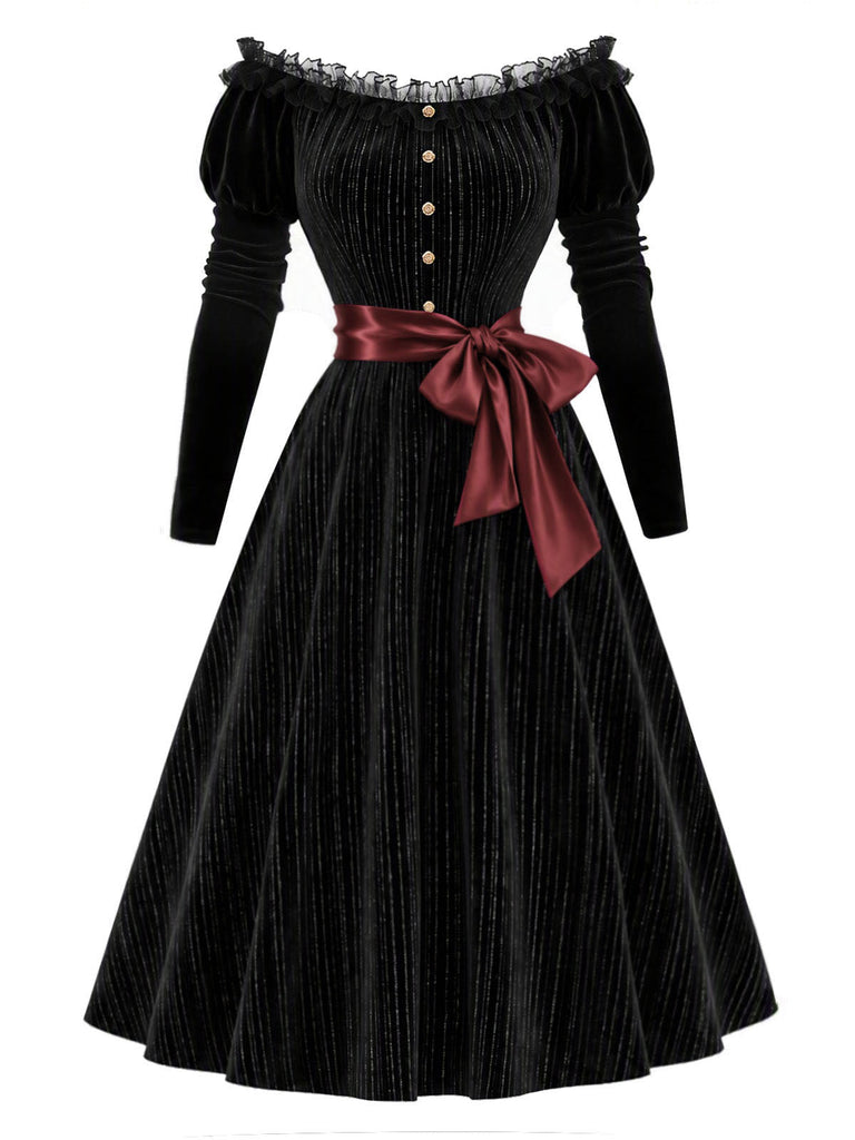 Schwarzes 50er schulterfreies Kleid mit Samt und Spitze