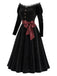 Schwarzes 50er schulterfreies Kleid mit Samt und Spitze