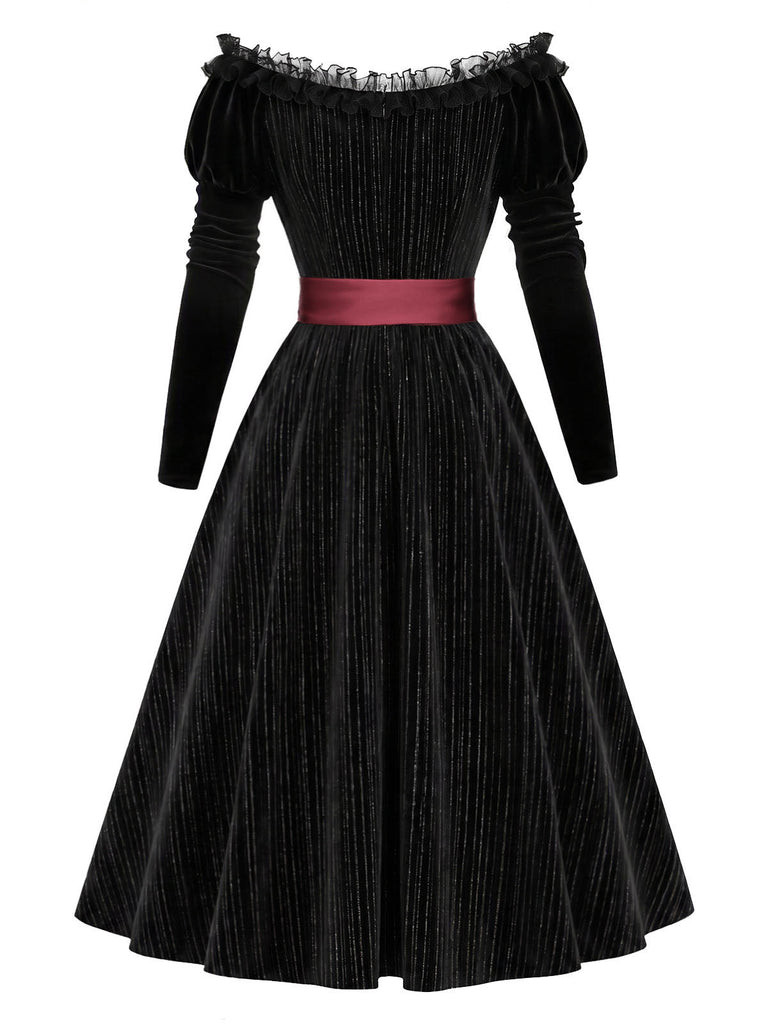 Schwarzes 50er schulterfreies Kleid mit Samt und Spitze
