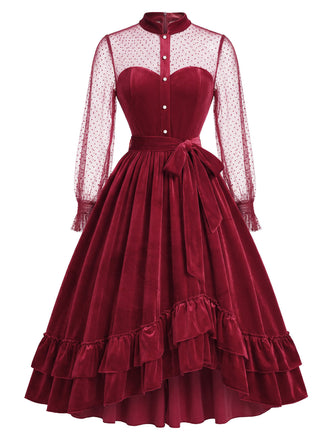 Rotes 50er Samtkleid mit Rüschen und Polka-Dot Ärmeln
