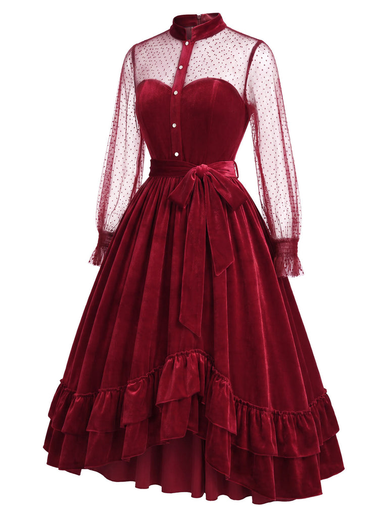 Rotes 50er Samtkleid mit Rüschen und Polka-Dot Ärmeln