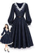 Blaues 40er Kleid mit Spitzen-Patchwork und Ballonärmeln