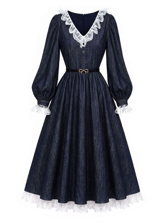 Blaues 40er Kleid mit Spitzen-Patchwork und Ballonärmeln