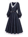 Blaues 40er Kleid mit Spitzen-Patchwork und Ballonärmeln