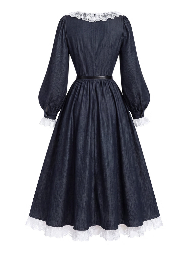 Blaues 40er Kleid mit Spitzen-Patchwork und Ballonärmeln