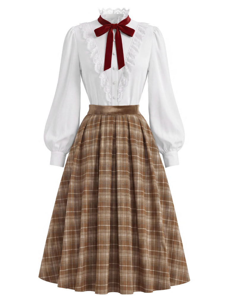 40er Set aus Bluse mit Spitzen-Rüschenkragen und Karofaltenrock