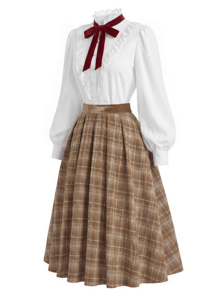40er Set aus Bluse mit Spitzen-Rüschenkragen und Karofaltenrock