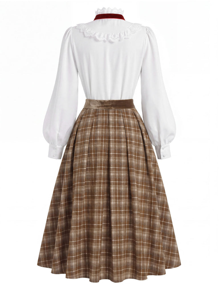 40er Set aus Bluse mit Spitzen-Rüschenkragen und Karofaltenrock