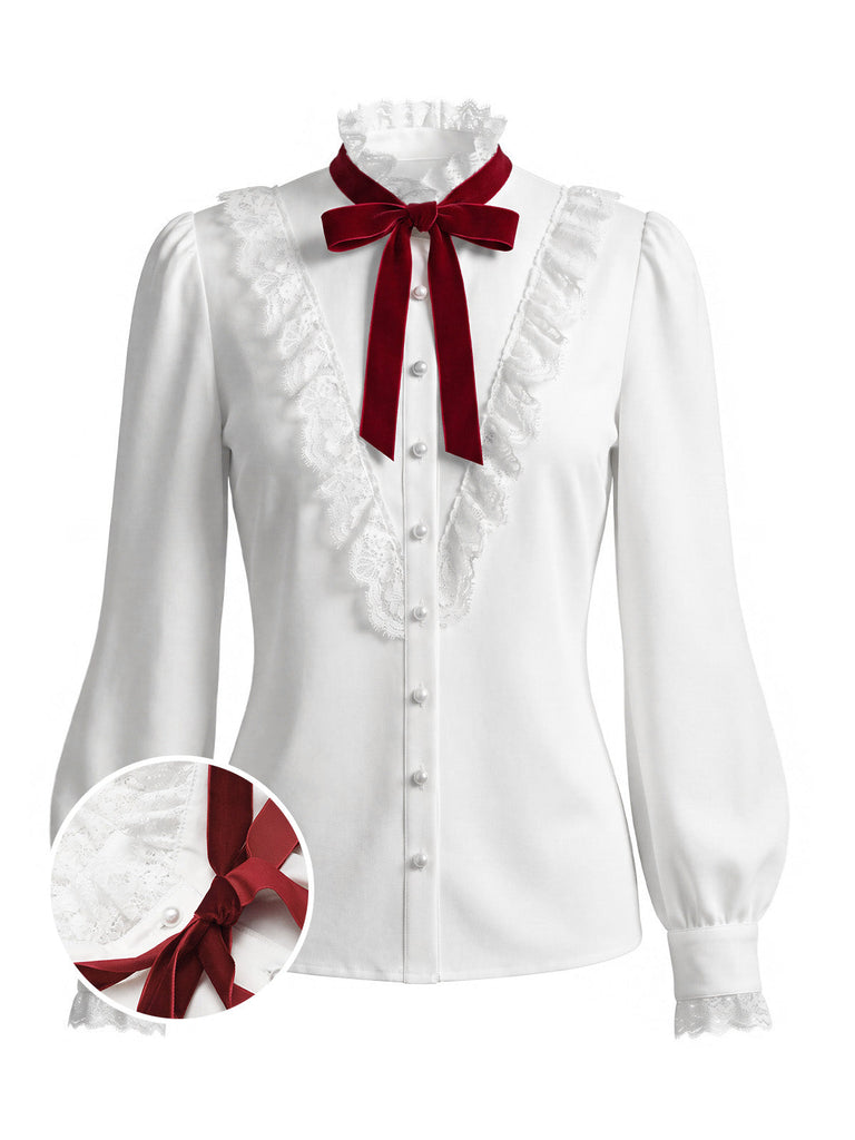 40er Bluse mit Spitzen-Rüschenkragen und Ballonärmeln