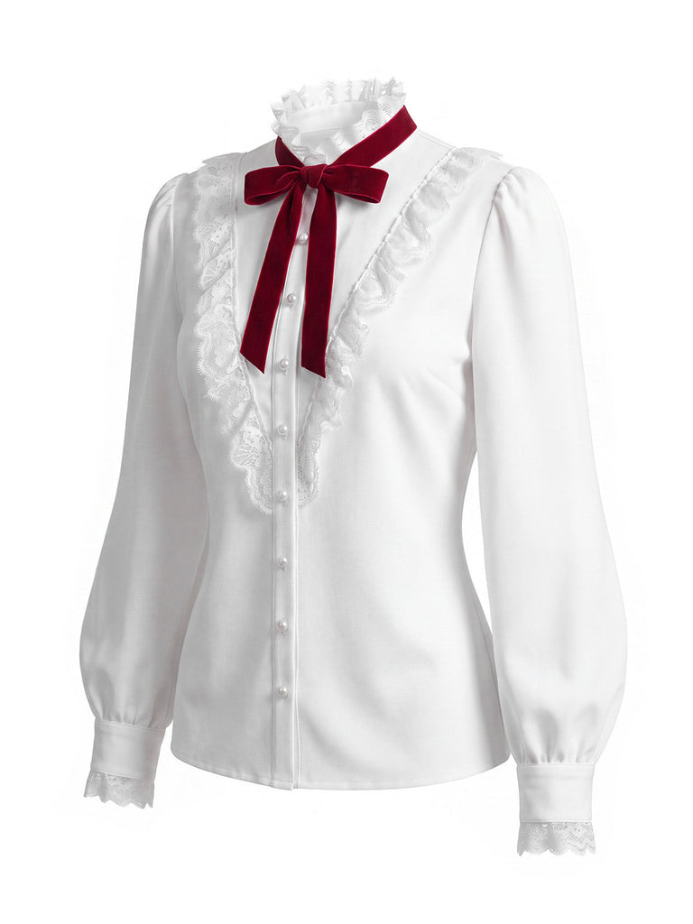 40er Bluse mit Spitzen-Rüschenkragen und Ballonärmeln