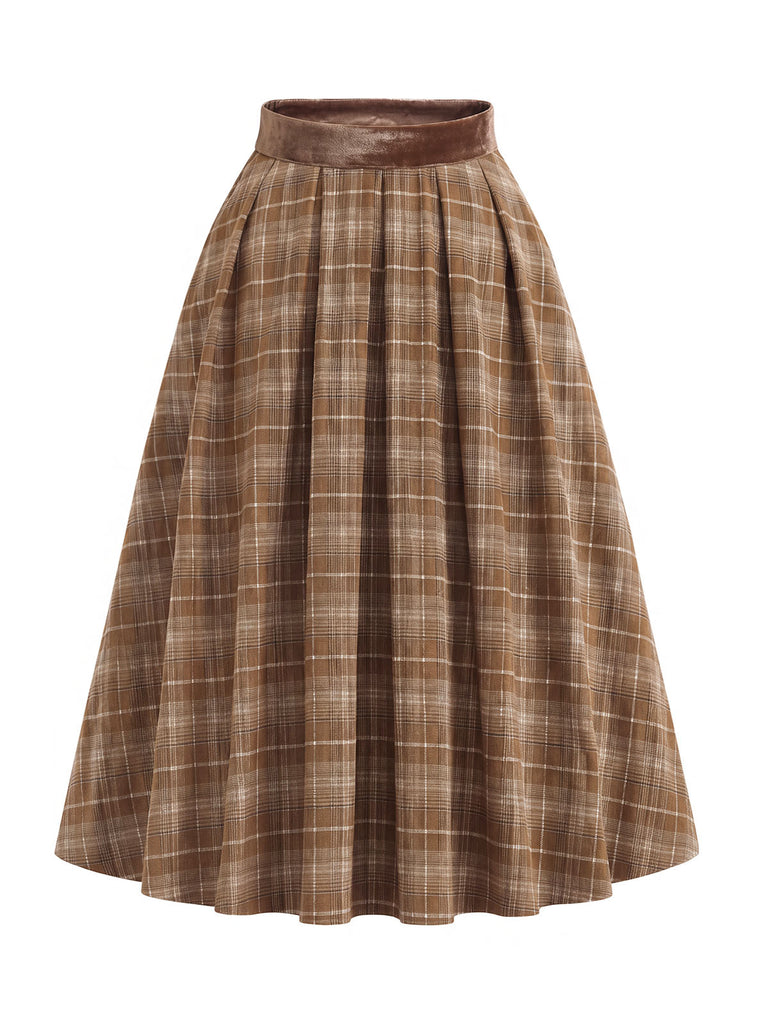 40er Set aus Bluse mit Spitzen-Rüschenkragen und Karofaltenrock