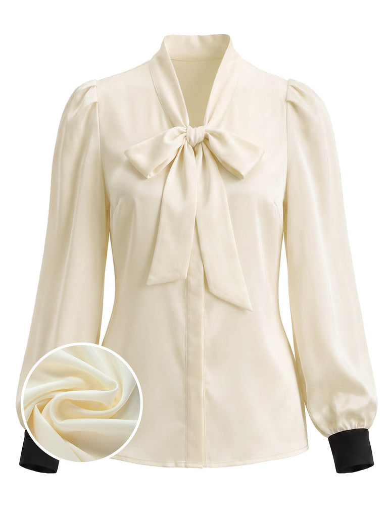 70er Satinbluse mit Schleife und Kontrastmanschetten