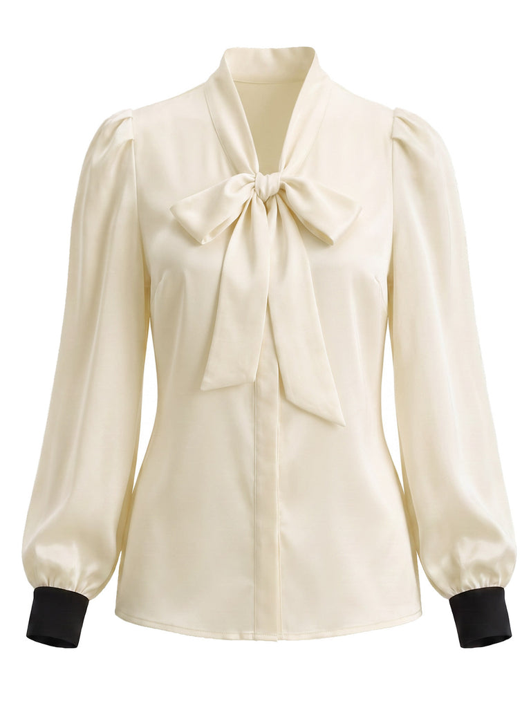 70er Satinbluse mit Schleife und Kontrastmanschetten