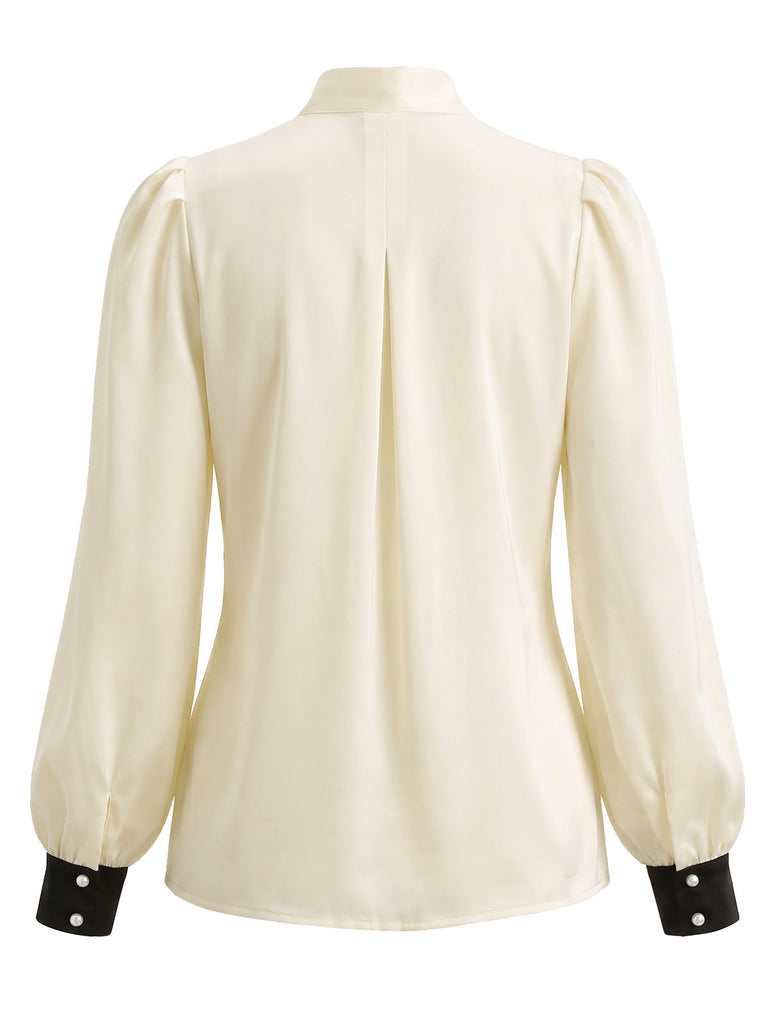 70er Satinbluse mit Schleife und Kontrastmanschetten
