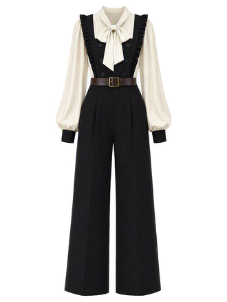 [Vorverkauf] 70er Set mit Rüschenträger-Jumpsuit und Schleifenbluse