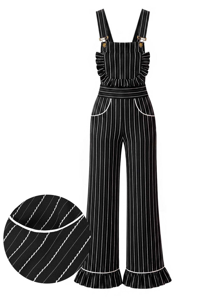 Schwarzer 30er Nadelstreifen-Overall mit Taschen und Rüschen
