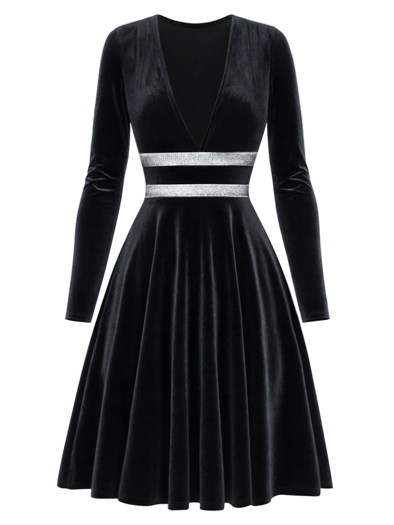 Schwarzes 80er Samtkleid mit V-Ausschnitt und Silberbund
