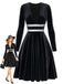 Schwarzes 80er Samtkleid mit V-Ausschnitt und Silberbund