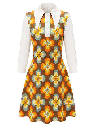 Oranges 60er Blumen-A-Linienkleid mit großem spitzem Kragen