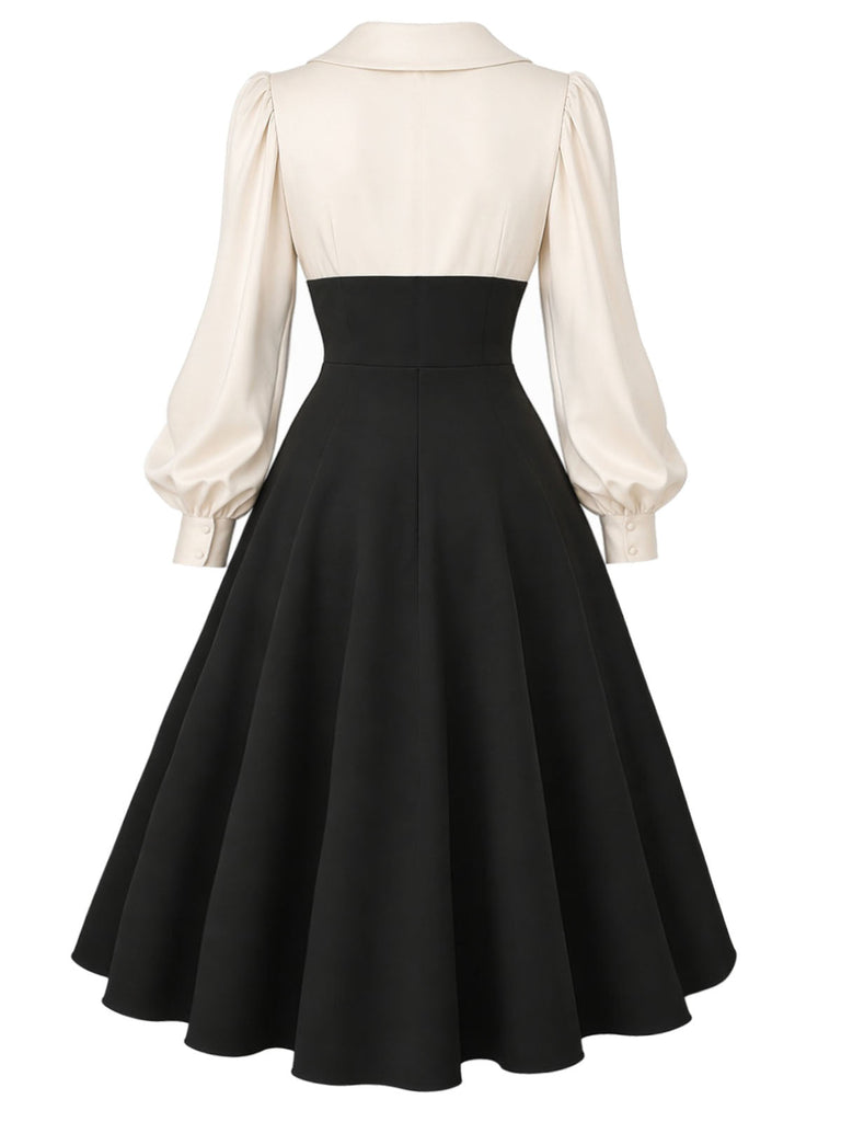 Creme-schwarzes 50er Kleid mit Schleife und Ballonärmeln