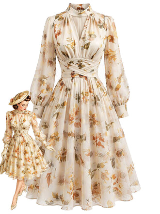 Gelbes 50er Chiffonkleid mit Blumen und Ballonärmeln