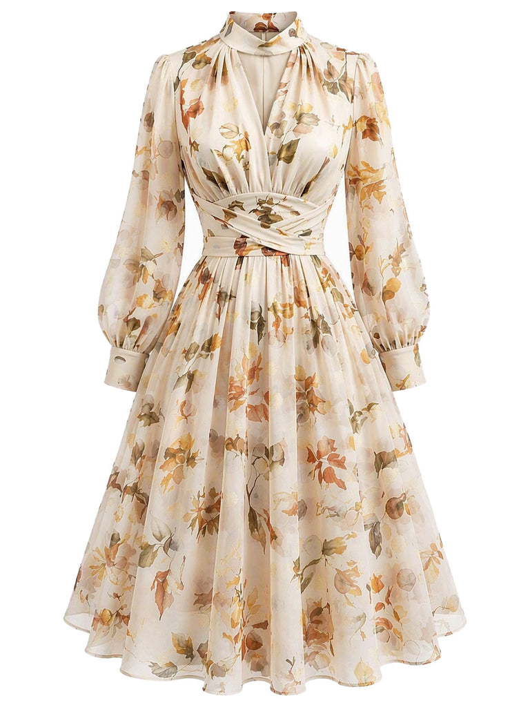 Gelbes 50er Chiffonkleid mit Blumen und Ballonärmeln