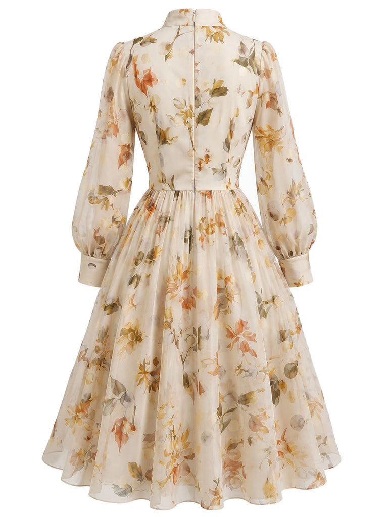 Gelbes 50er Chiffonkleid mit Blumen und Ballonärmeln