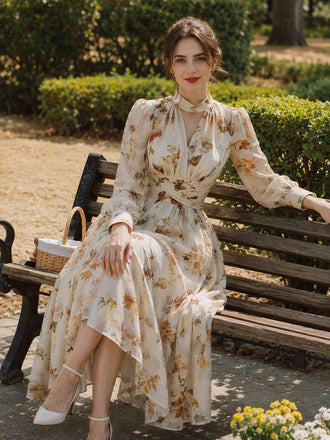 Gelbes 50er Chiffonkleid mit Blumen und Ballonärmeln